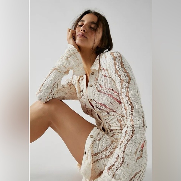 Free People Shayla Lace Mini Dress Cream Long Sleeve Button Up - Picture 3 of 9